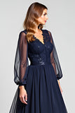 Navy A-Line V-Neck Long Sleeve Chiffon Mother of the Bride Dress with Lace