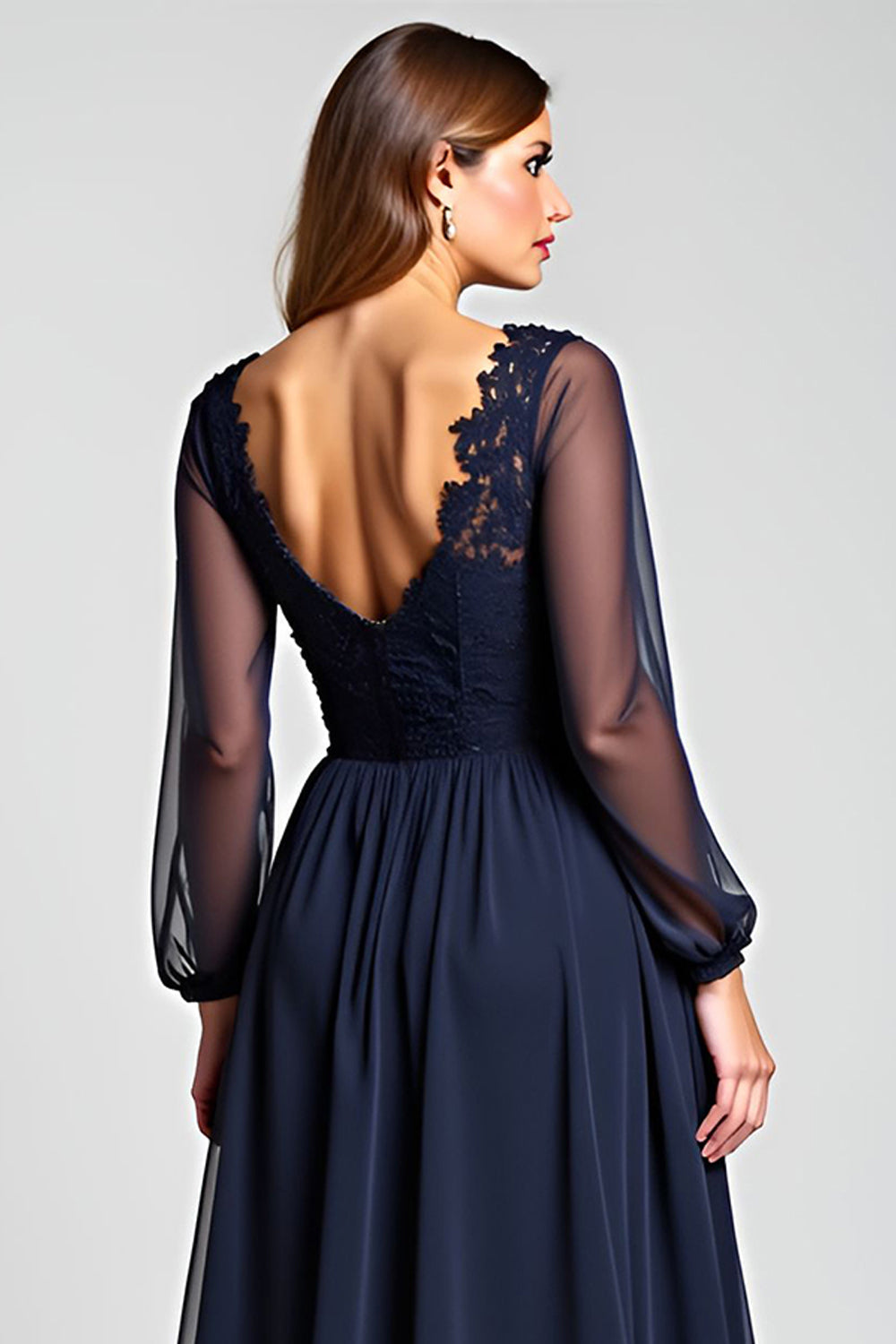 Navy A-Line V-Neck Long Sleeve Chiffon Mother of the Bride Dress with Lace