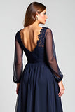 Navy A-Line V-Neck Long Sleeve Chiffon Mother of the Bride Dress with Lace