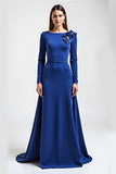 Royal Blue Long Sleeve A Line Boat Neck Formal Dress