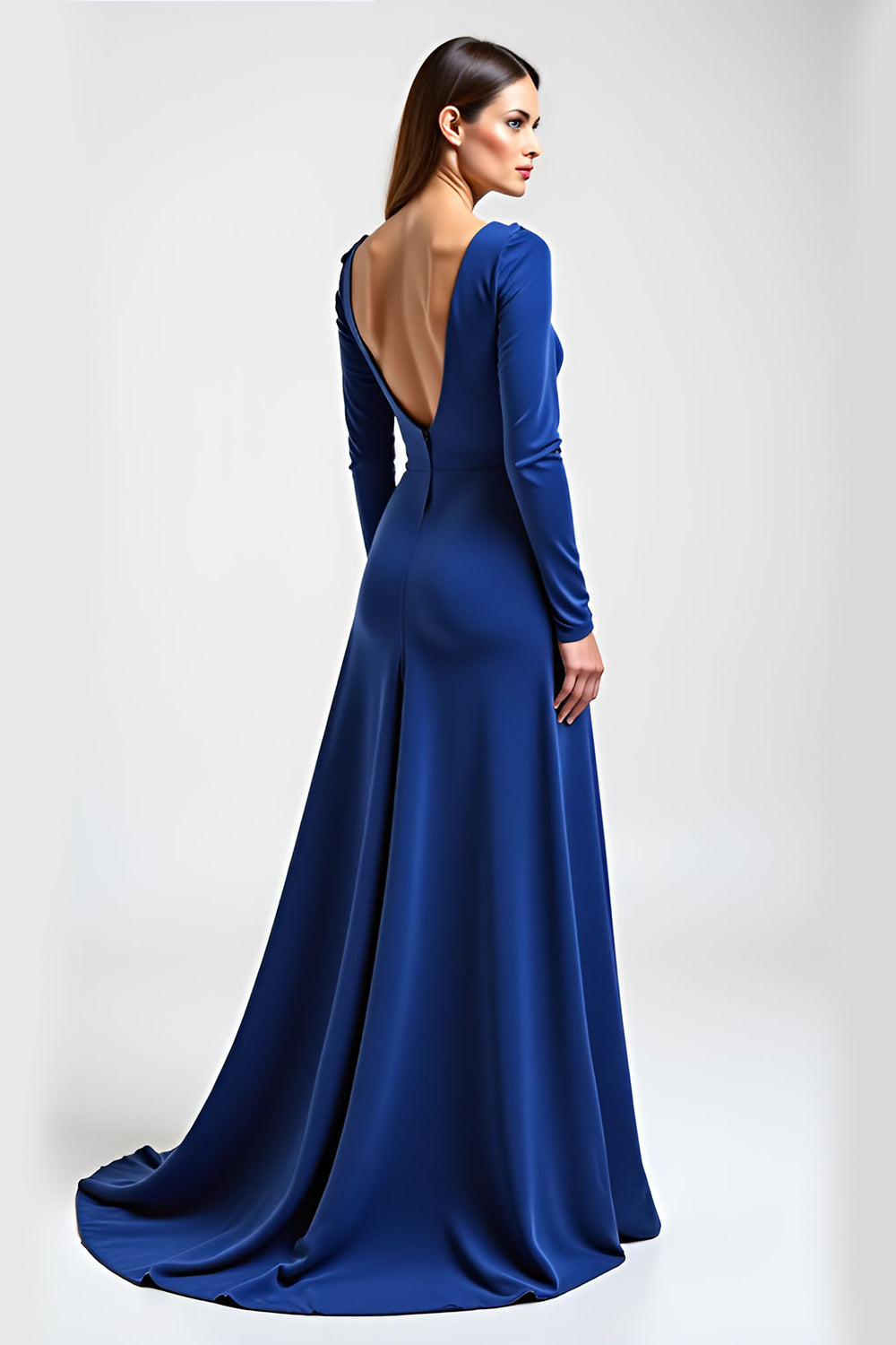 Royal Blue Long Sleeve A Line Boat Neck Formal Dress