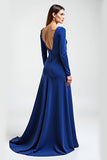 Royal Blue Long Sleeve A Line Boat Neck Formal Dress