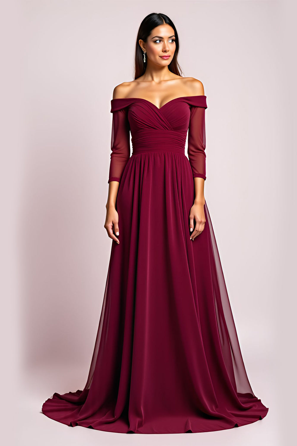 Off The Shoulder Burgundy Long Wedding Guest Dress