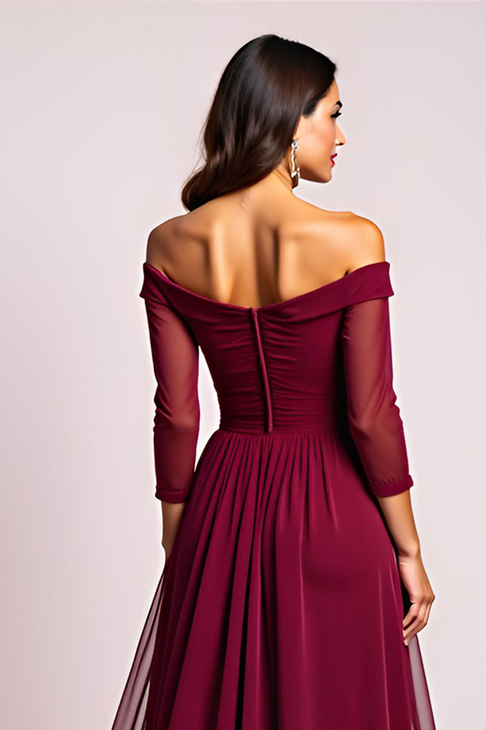 Off The Shoulder Burgundy Long Wedding Guest Dress