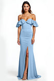 Dusty Blue Mermaid Ruffle Off the Shoulder Long Formal Dress with Slit