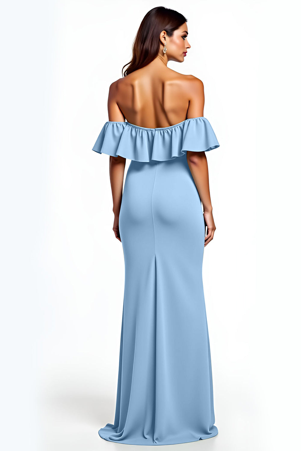 Dusty Blue Mermaid Ruffle Off the Shoulder Long Formal Dress with Slit