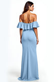 Dusty Blue Mermaid Ruffle Off the Shoulder Long Formal Dress with Slit