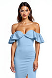 Dusty Blue Mermaid Ruffle Off the Shoulder Long Formal Dress with Slit