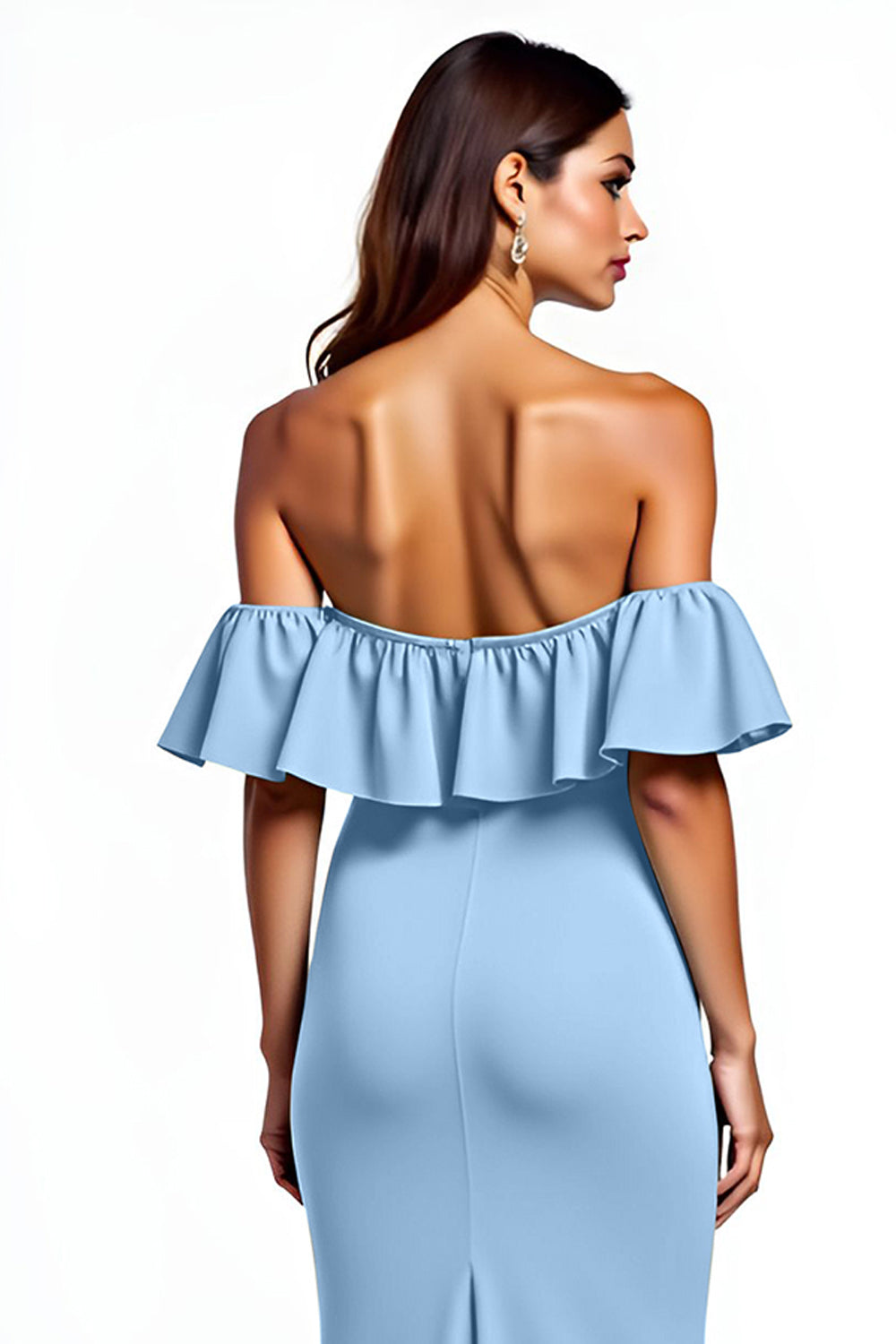Dusty Blue Mermaid Ruffle Off the Shoulder Long Formal Dress with Slit