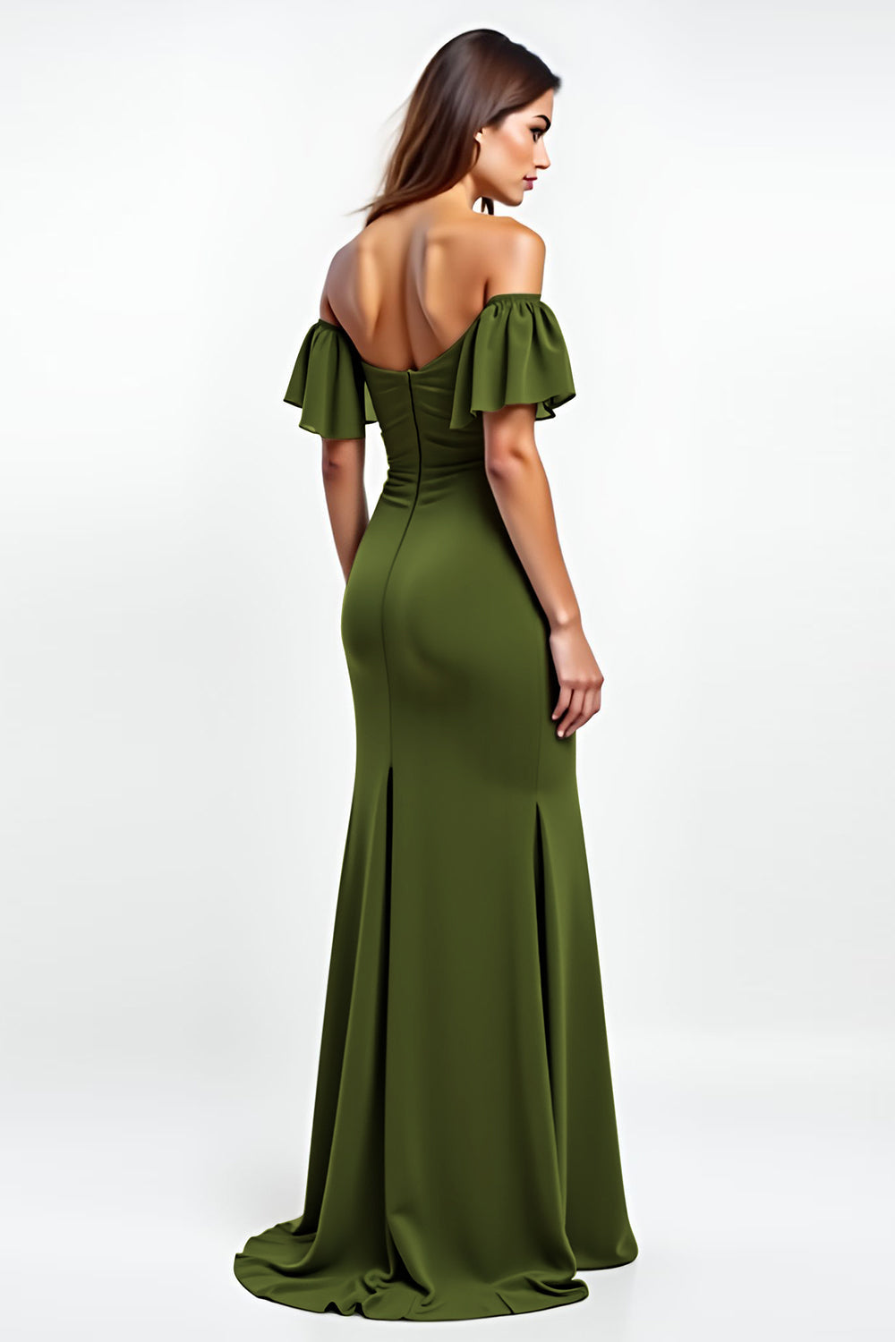 Olive Ruffled Off the Shoulder Ruched Long Wedding Guest Dress