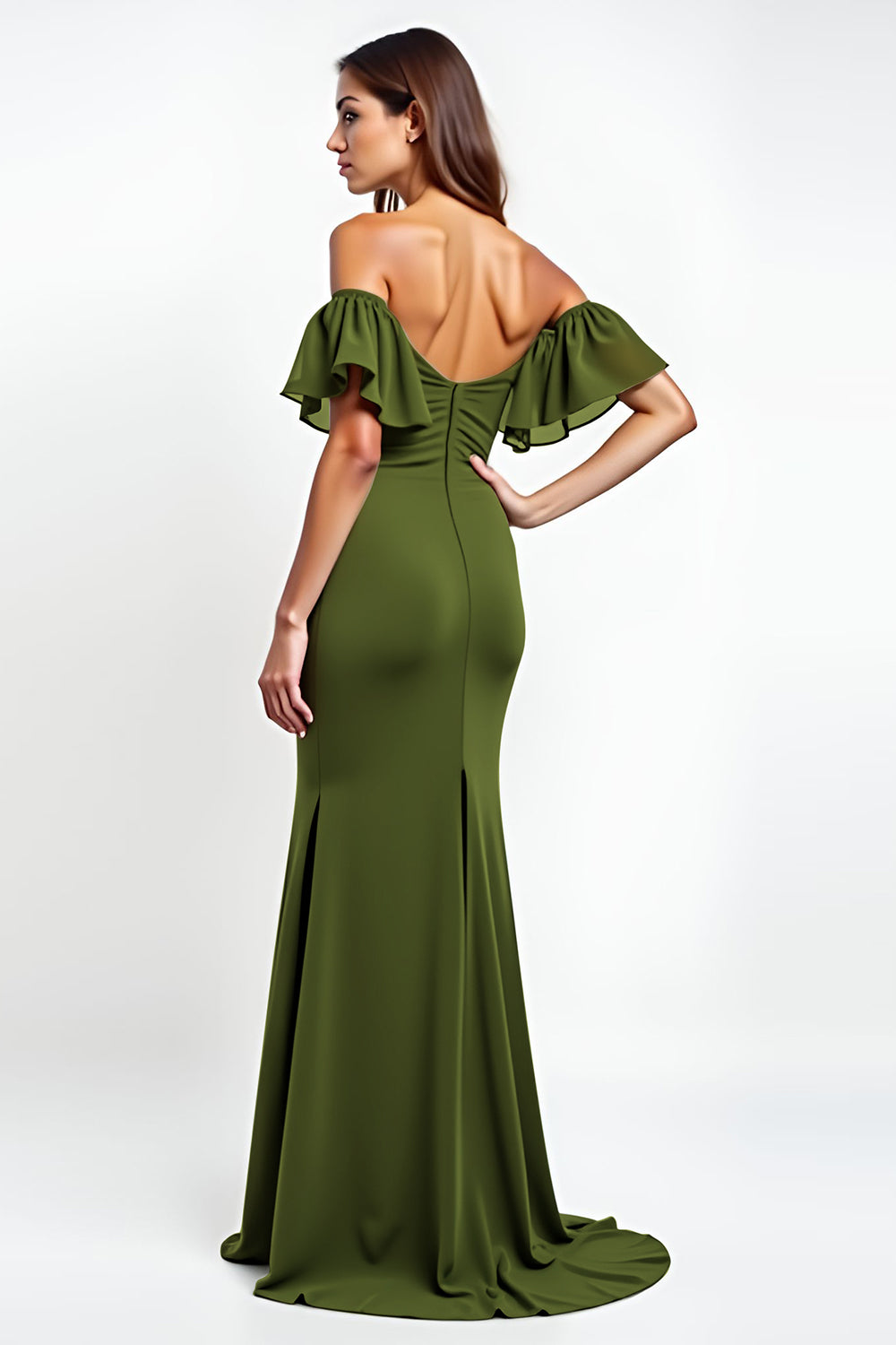 Olive Ruffled Off the Shoulder Ruched Long Wedding Guest Dress