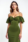 Olive Ruffled Off the Shoulder Ruched Long Wedding Guest Dress