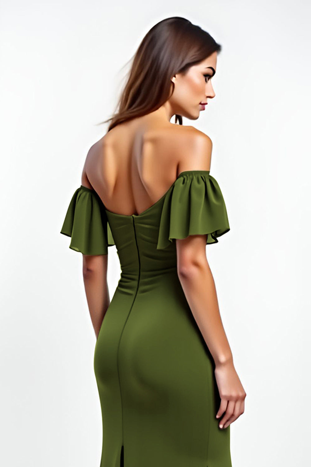 Olive Ruffled Off the Shoulder Ruched Long Wedding Guest Dress