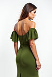 Olive Ruffled Off the Shoulder Ruched Long Wedding Guest Dress