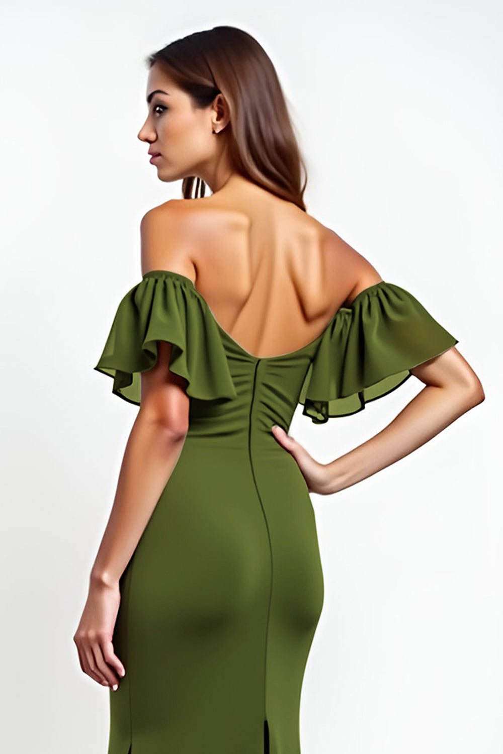 Olive Ruffled Off the Shoulder Ruched Long Wedding Guest Dress