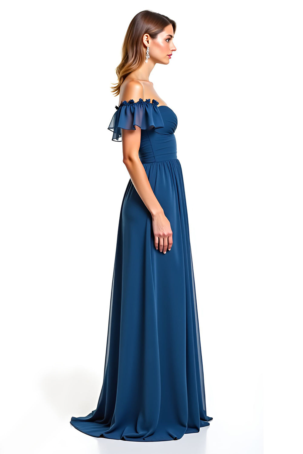 Blue Off The Shoulder Long Wedding Guest Dress