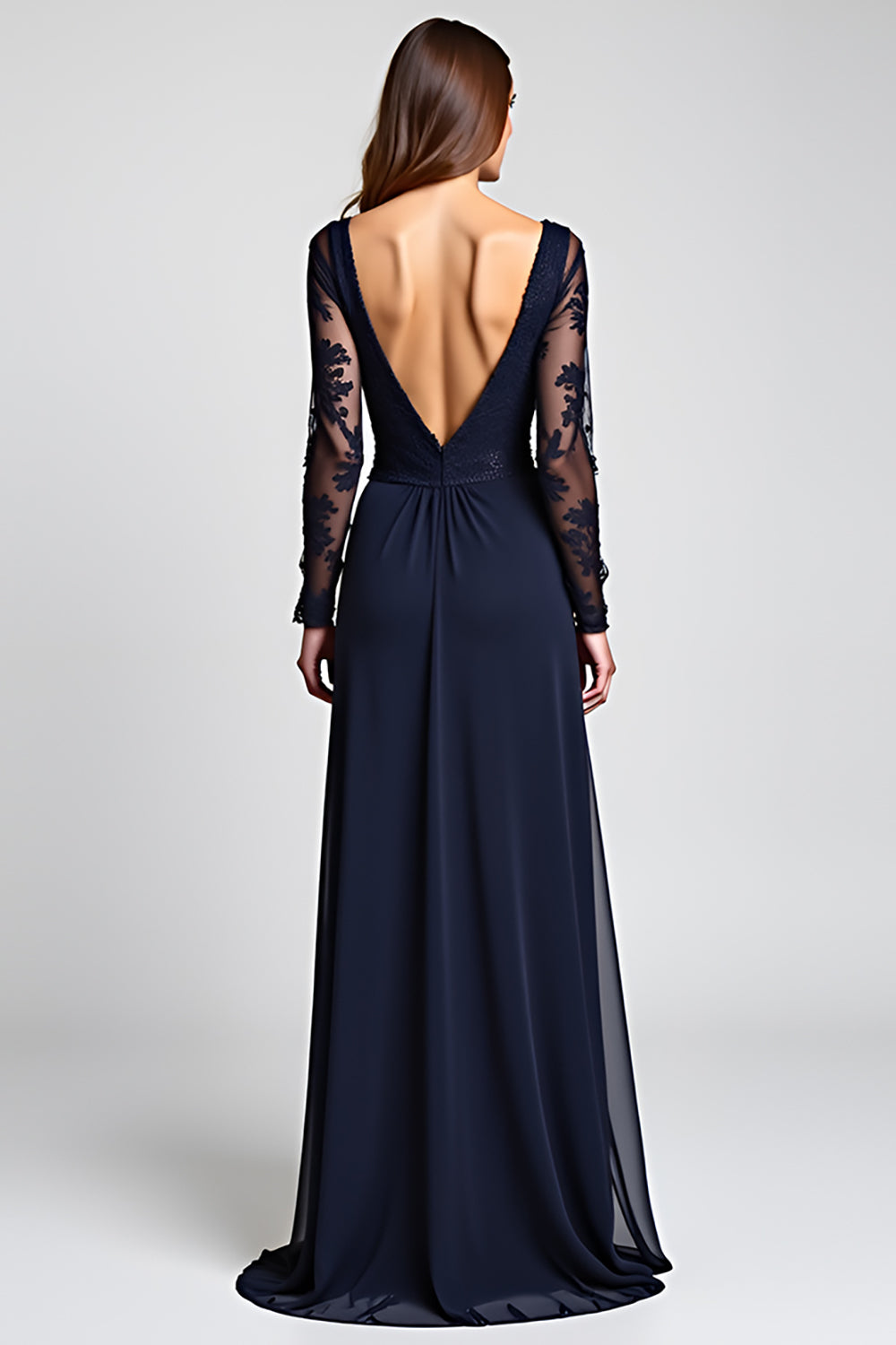 V-Neck Long Sleeve Navy Lace Formal Dress With Slit