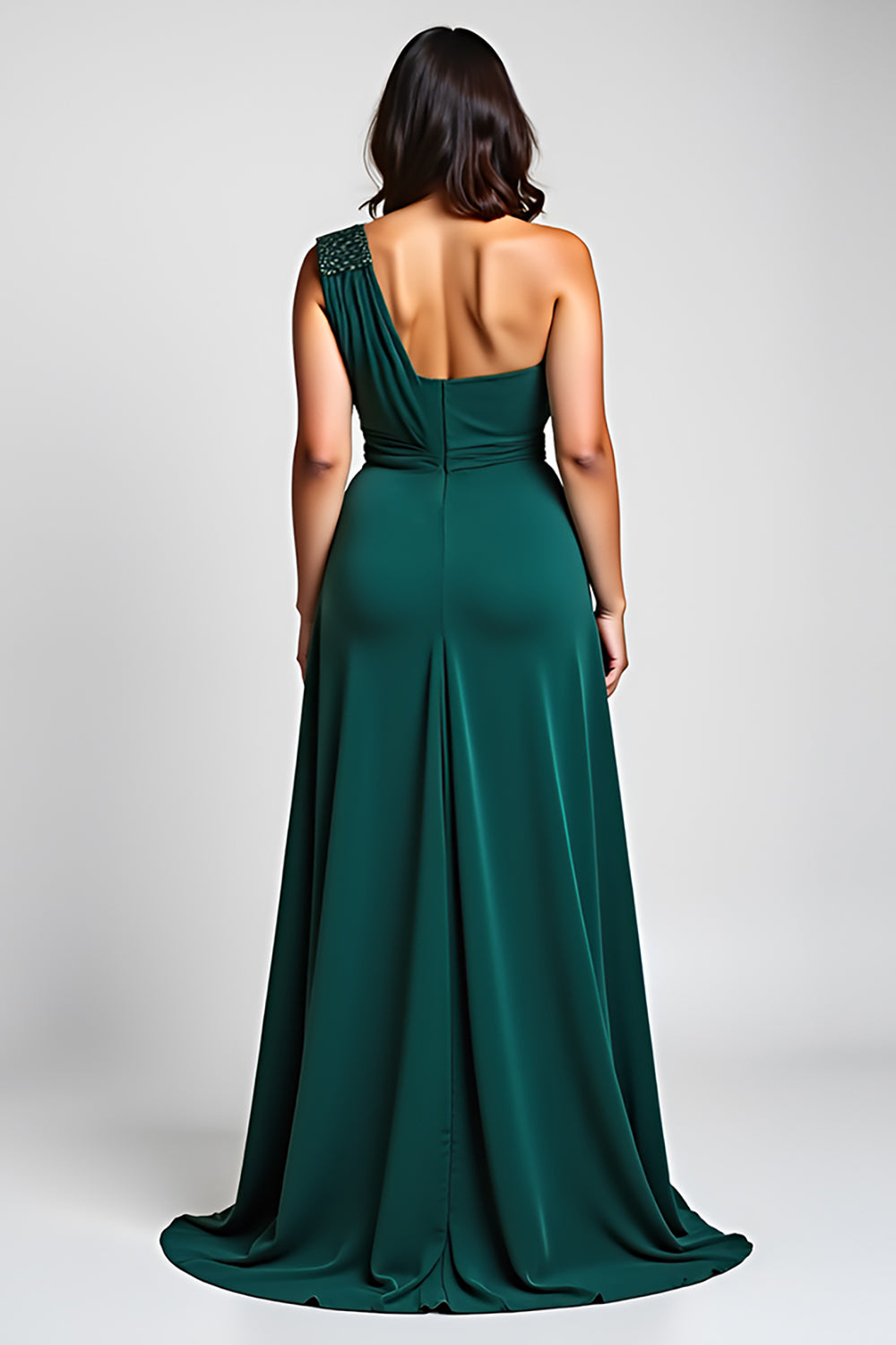 One Shoulder Dark Green Plus Size Formal Dress With Beading