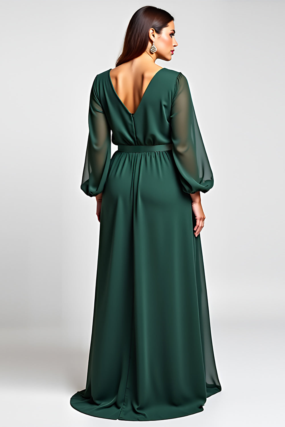 Dark Green Long Sleeve V-Neck Formal Dress With Slit