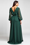 Dark Green Long Sleeve V-Neck Formal Dress With Slit