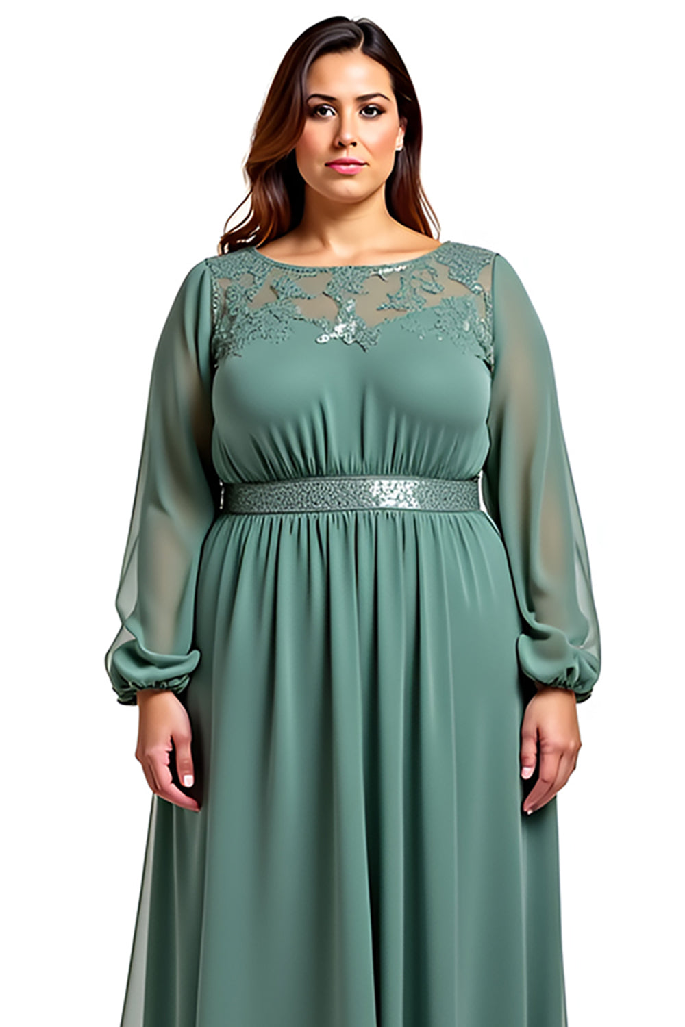 Eucalyptus Long Sleeve A Line Plus Size Formal Dress With Lace