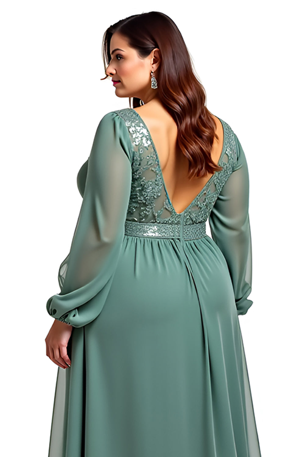 Eucalyptus Long Sleeve A Line Plus Size Formal Dress With Lace