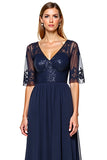 A Line V-Neck Lace Navy Formal Dress With Beading