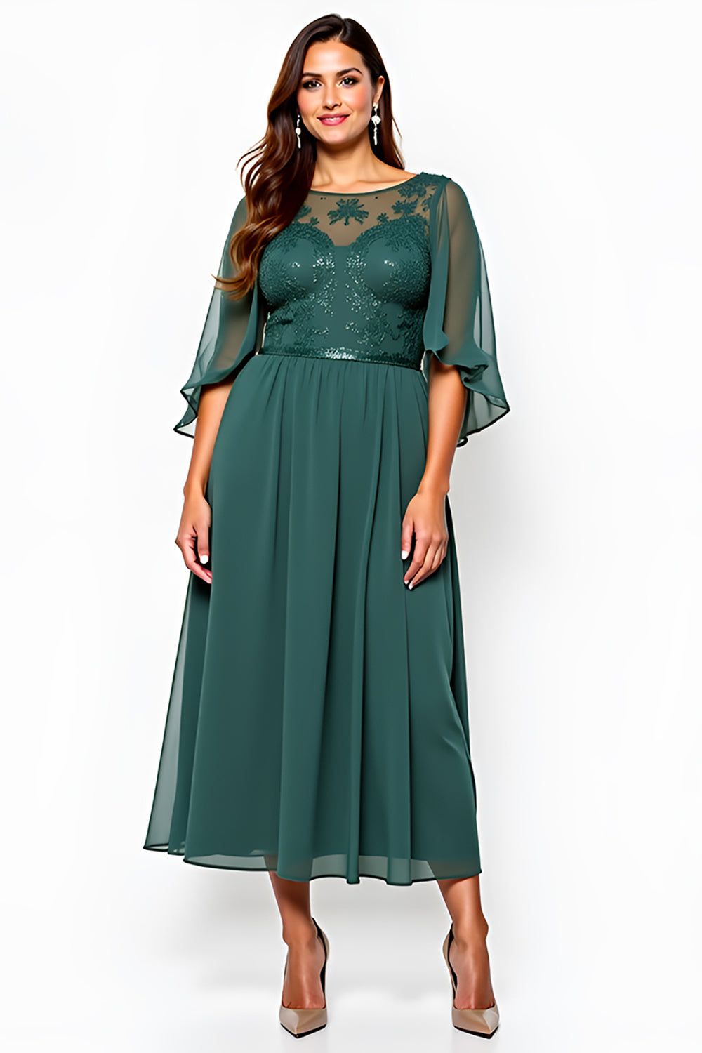 Dark Green Plus Size Lace Tea Length Formal Dress