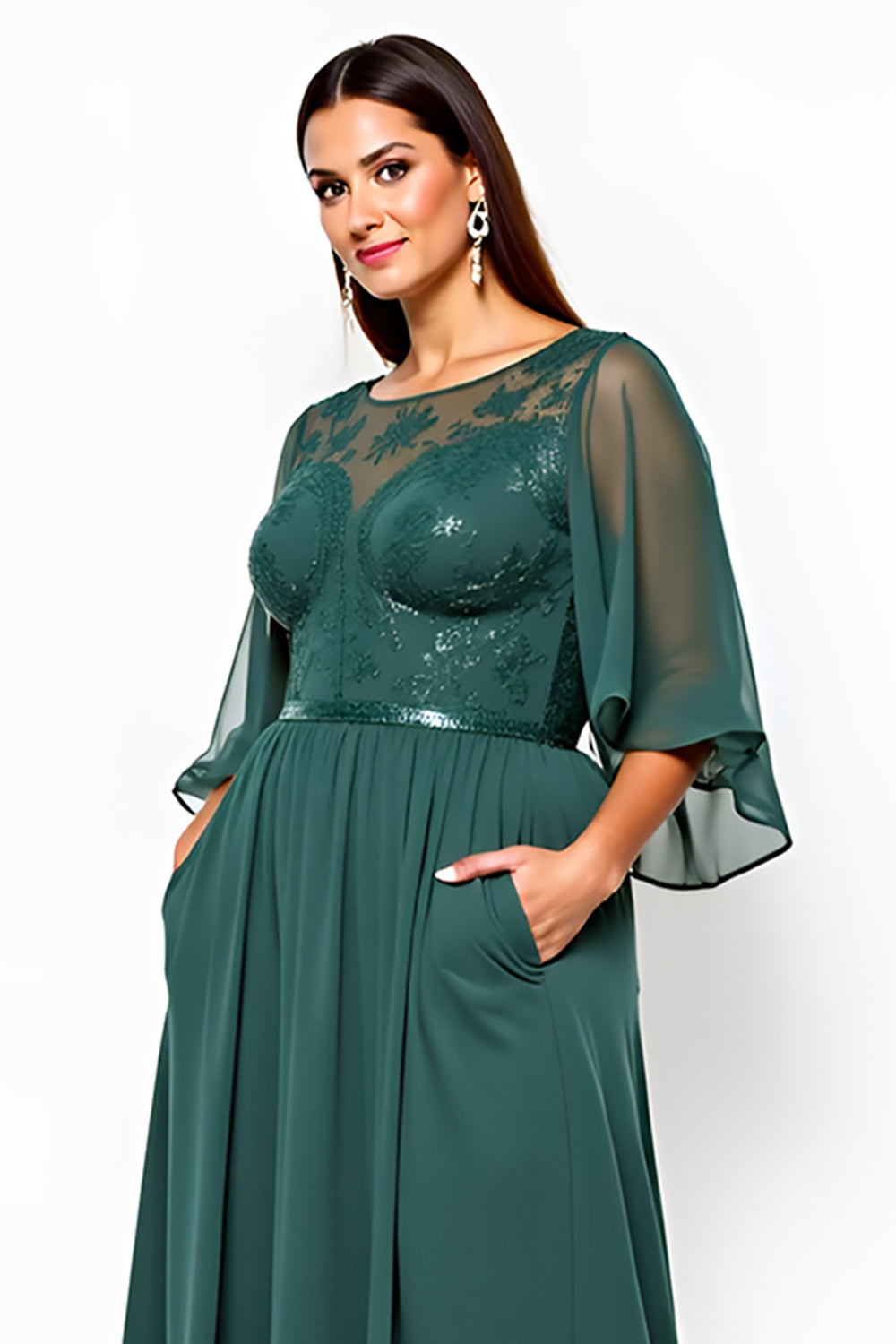 Dark Green Plus Size Lace Tea Length Formal Dress