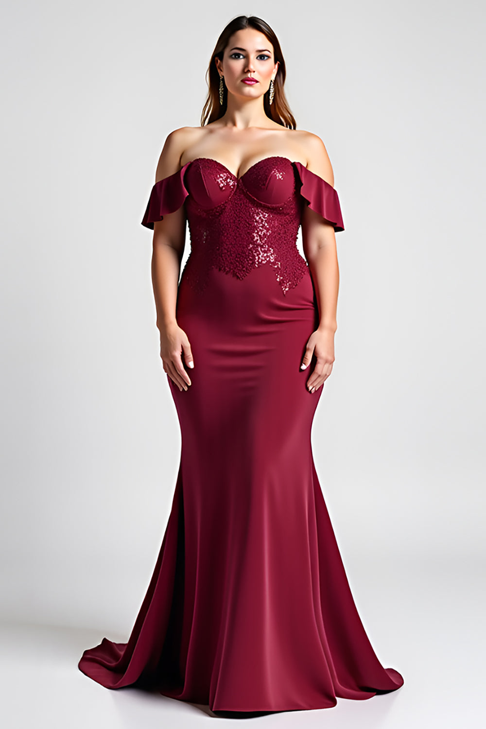 Off The Shoulder Mermaid Burgundy Plus Size Formal Dress With Beading