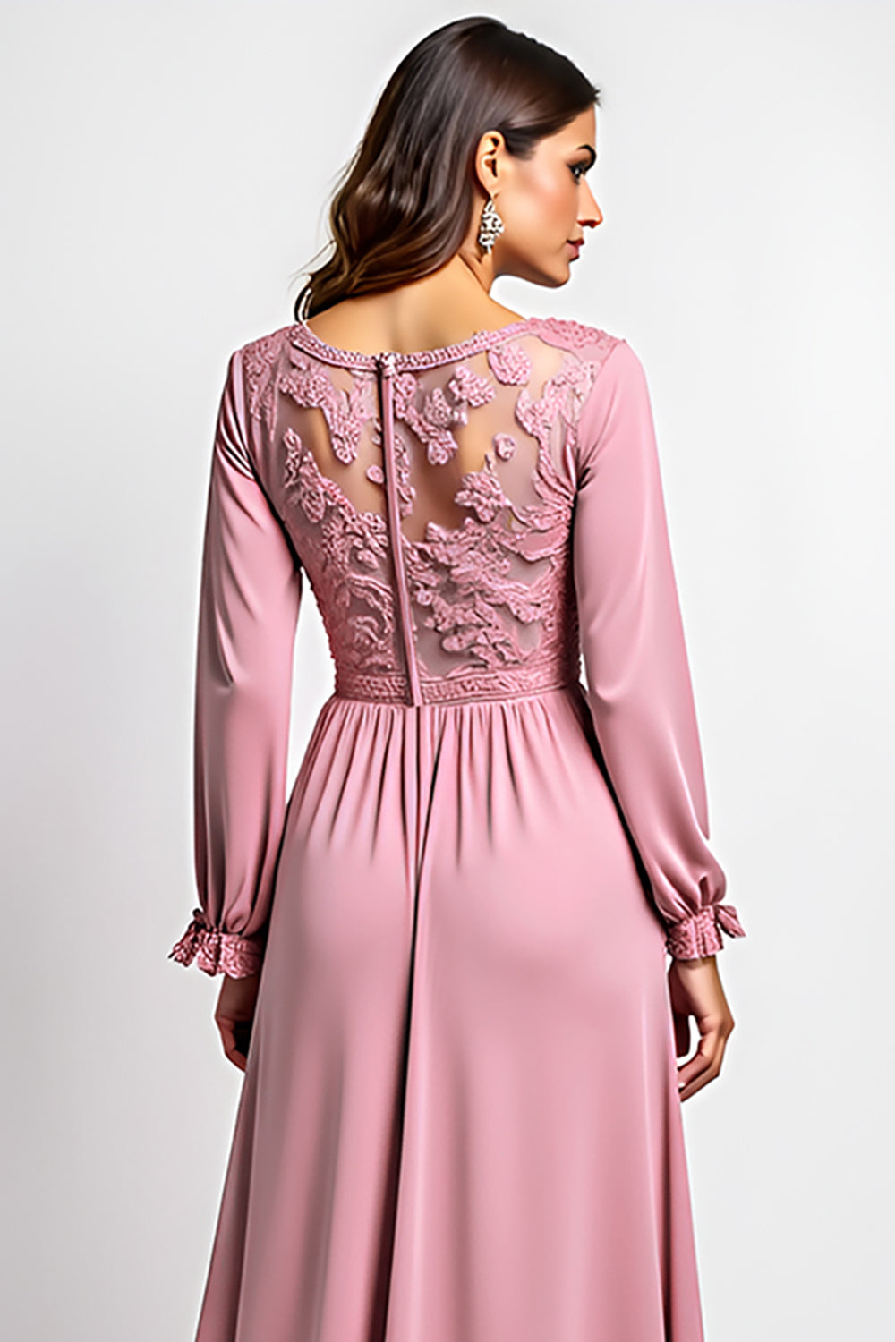 Pink Long Sleeve A Line Formal Dress With Lace