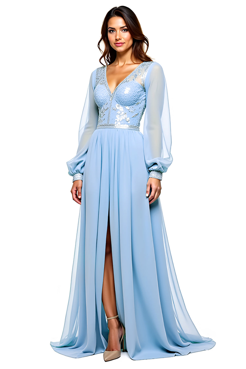Long Sleeve Sky Blue V-Neck Beaded Prom Dress With Slit