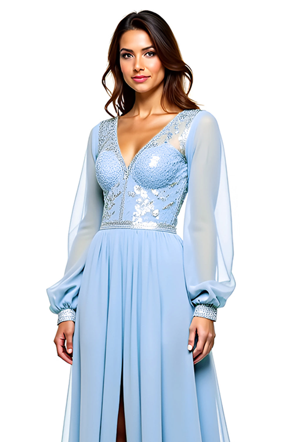 Long Sleeve Sky Blue V-Neck Beaded Prom Dress With Slit
