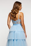 Ruffled Tiered A Line Sky Blue Prom Dress With Beading