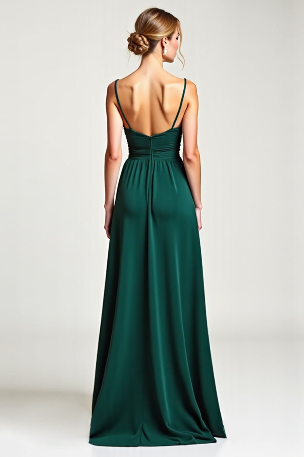 Chiffon Spaghetti Straps Pine Bridesmaid Dress with Slit