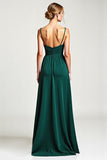 Chiffon Spaghetti Straps Pine Bridesmaid Dress with Slit