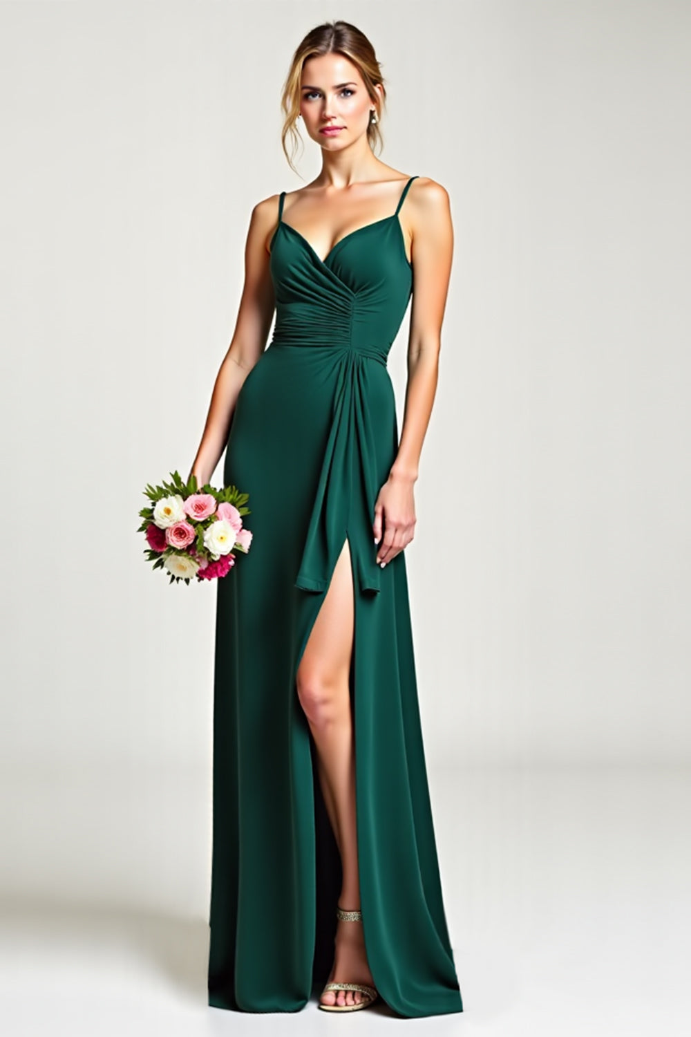 Chiffon Spaghetti Straps Pine Bridesmaid Dress with Slit