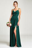 Chiffon Spaghetti Straps Pine Bridesmaid Dress with Slit