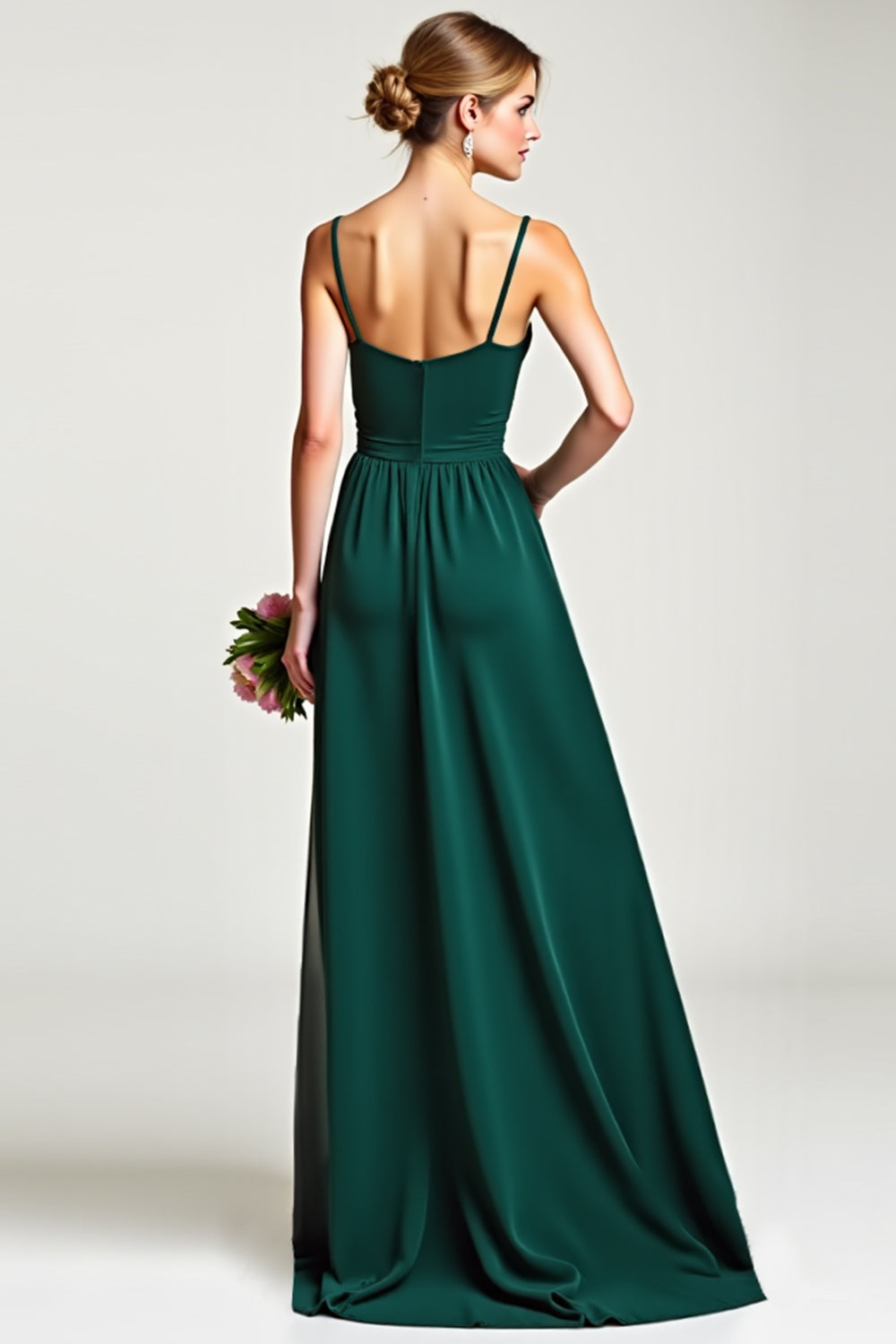 Chiffon Spaghetti Straps Pine Bridesmaid Dress with Slit