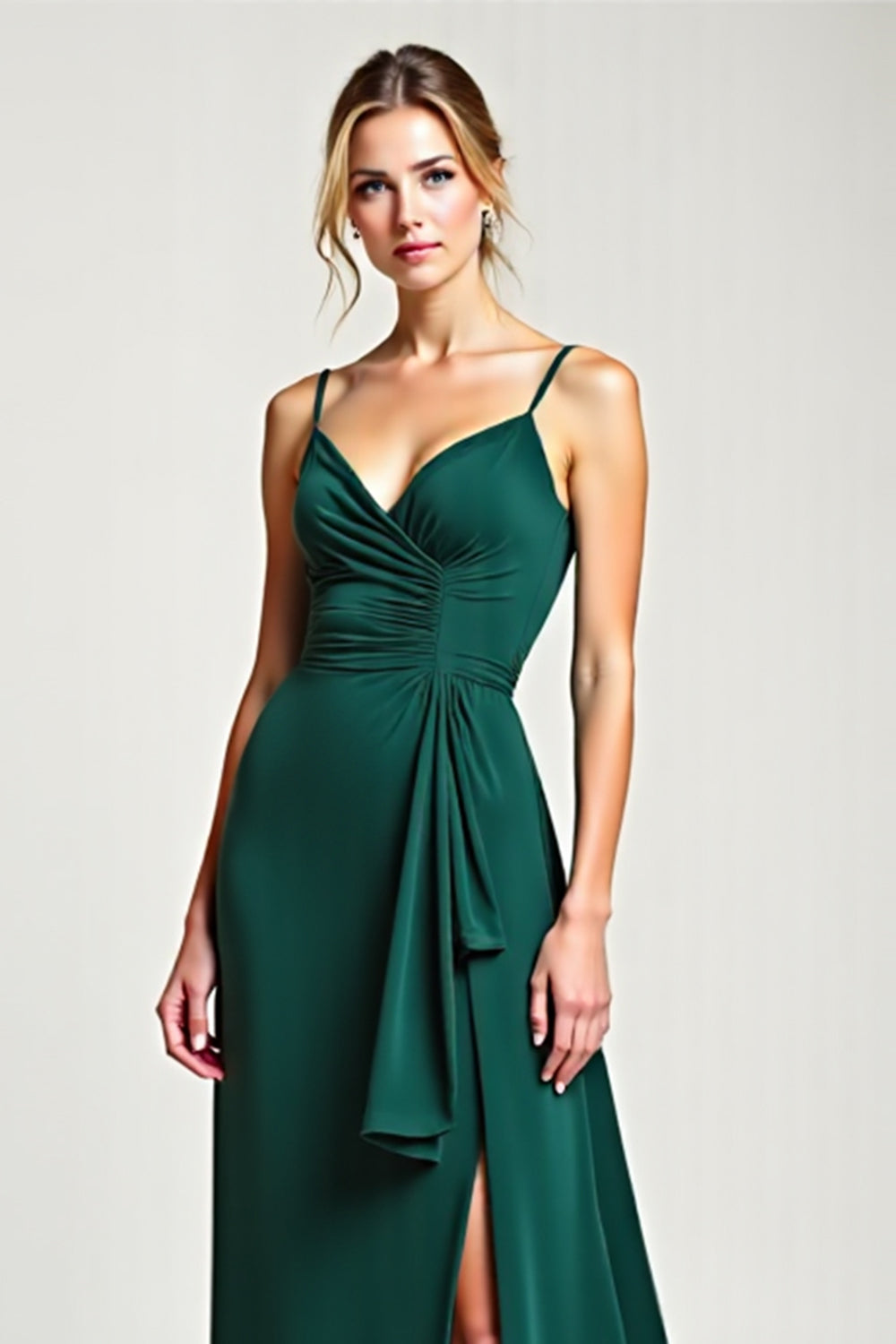 Chiffon Spaghetti Straps Pine Bridesmaid Dress with Slit