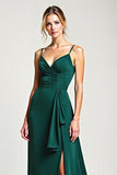 Chiffon Spaghetti Straps Pine Bridesmaid Dress with Slit