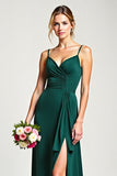 Chiffon Spaghetti Straps Pine Bridesmaid Dress with Slit