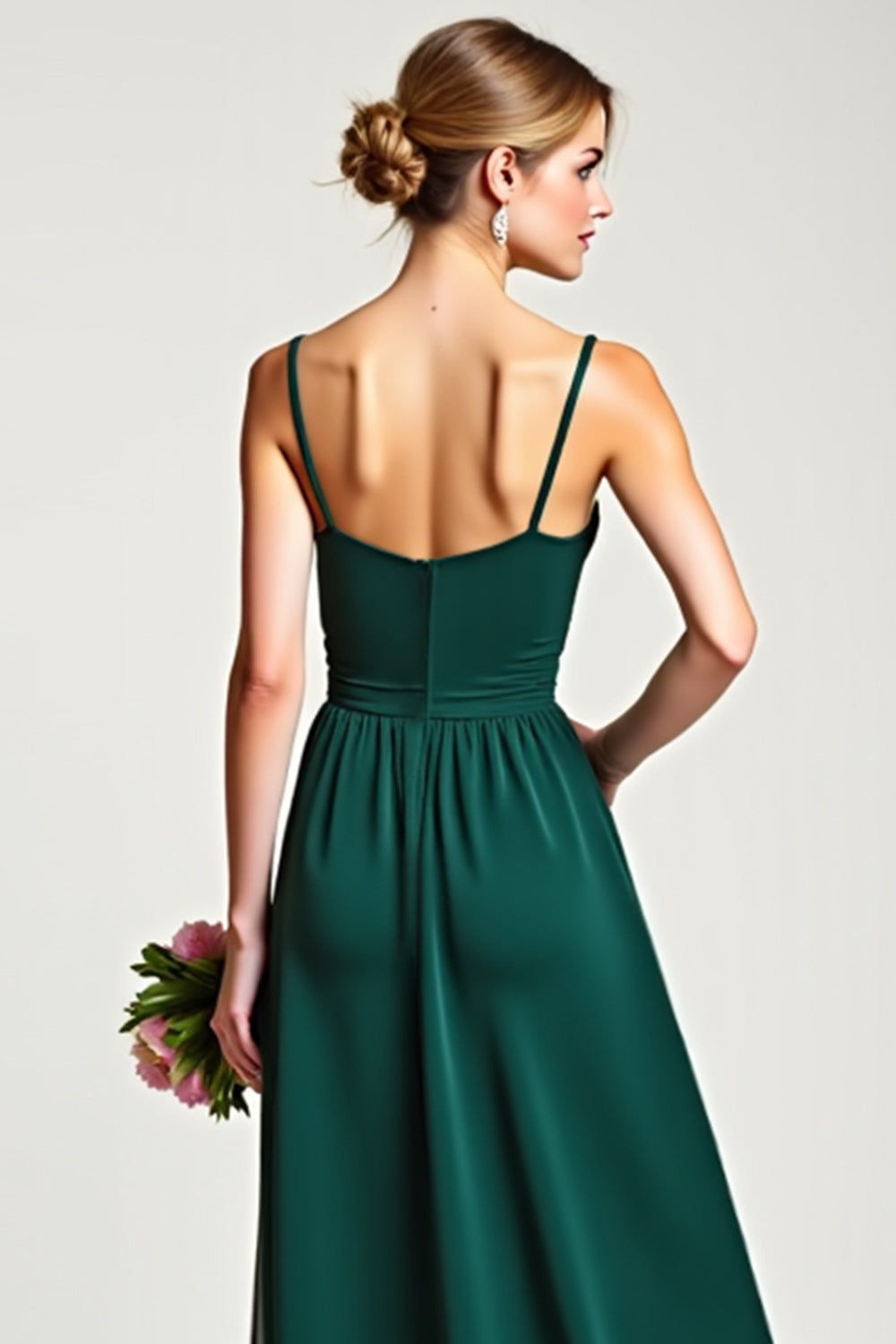 Chiffon Spaghetti Straps Pine Bridesmaid Dress with Slit