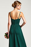 Chiffon Spaghetti Straps Pine Bridesmaid Dress with Slit
