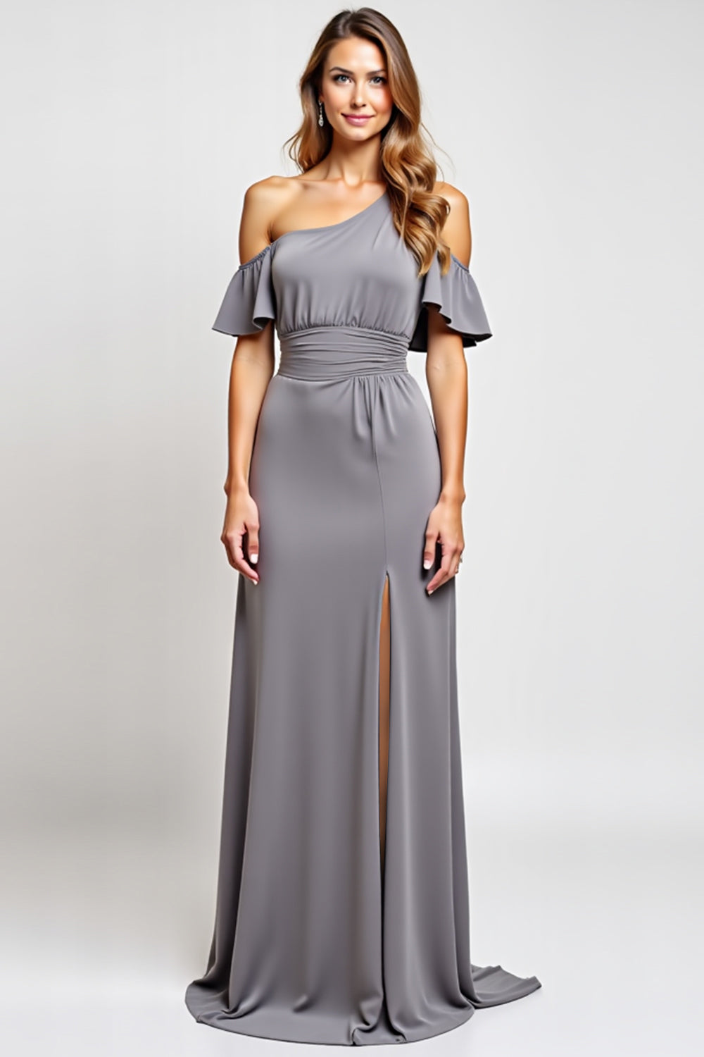 Off The Shoulder Grey Ruffled Sheath Bridesmaid Dress