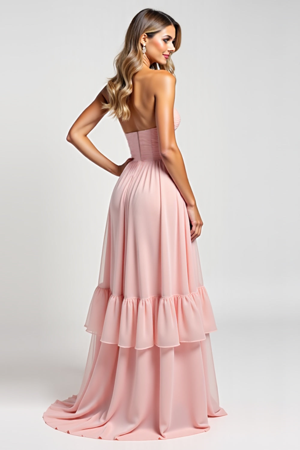 A Line Strapless Ruffles Blush Chiffon Long Bridesmaid Dress