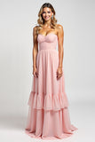 A Line Strapless Ruffles Blush Chiffon Long Bridesmaid Dress