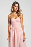 A Line Strapless Ruffles Blush Chiffon Long Bridesmaid Dress