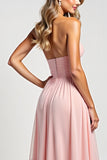 A Line Strapless Ruffles Blush Chiffon Long Bridesmaid Dress