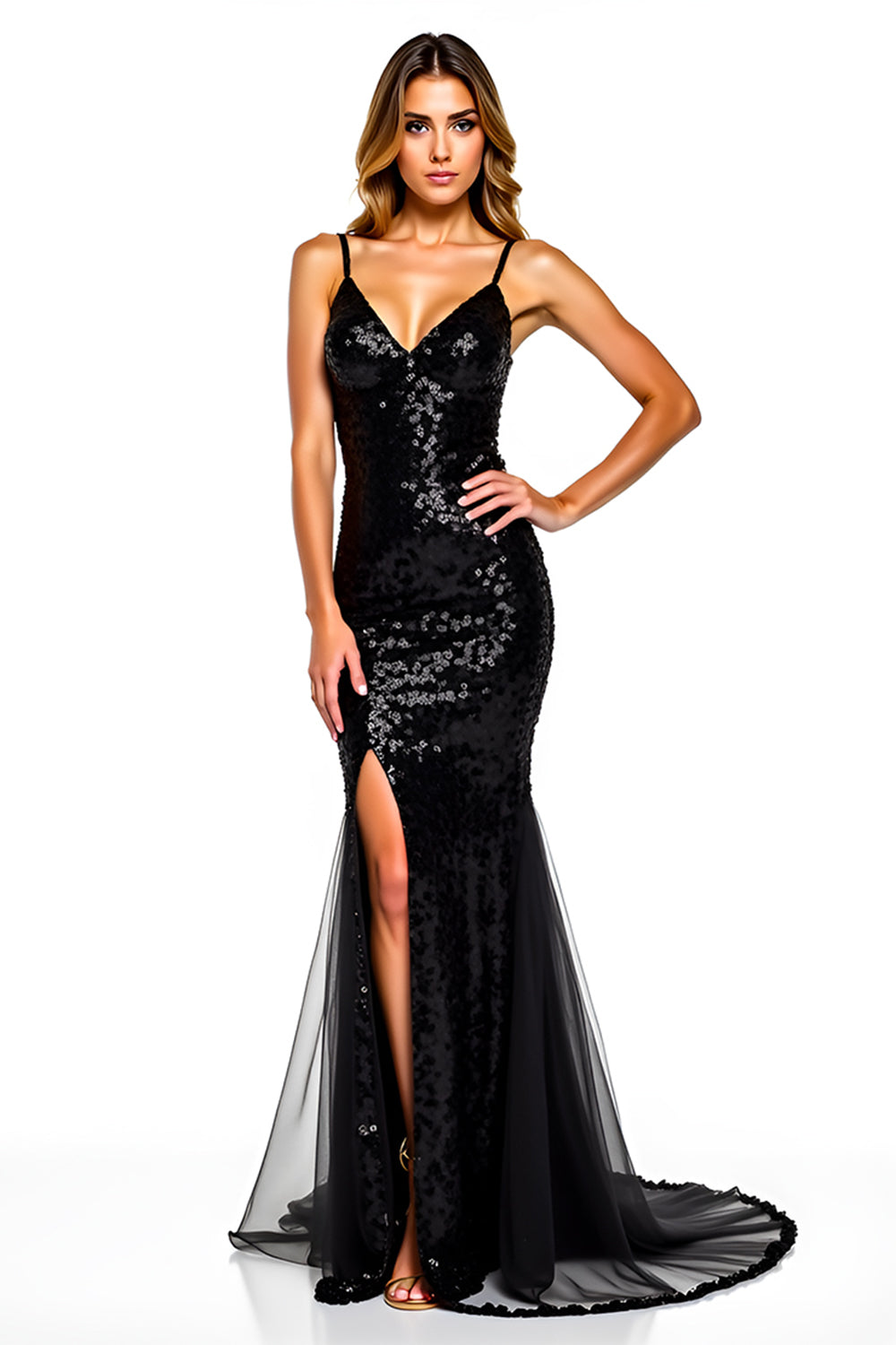 Mermaid Spaghetti Straps Sequin Black Tie Dress